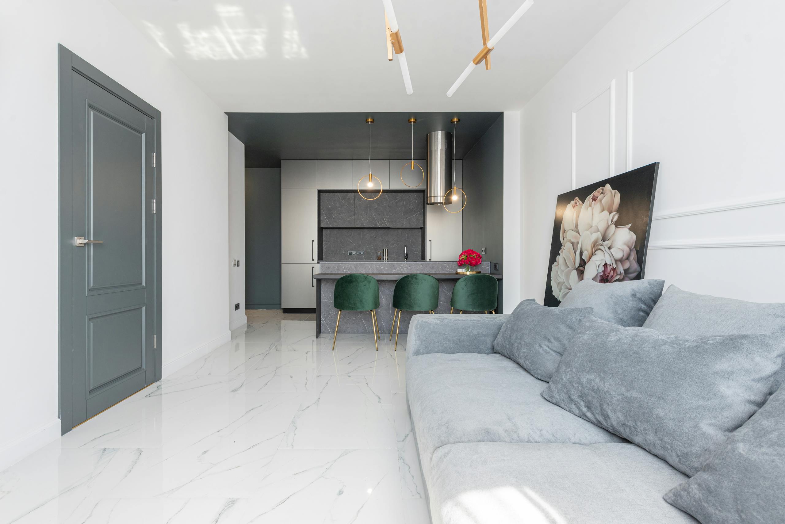 Spacious modern apartment with stylish decor and minimalistic design elements.